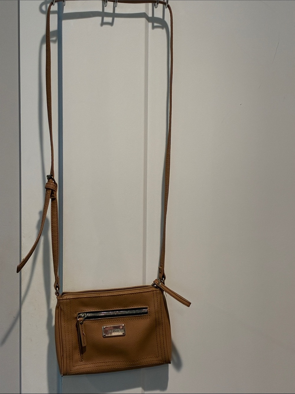 Nine West Tan Crossbody with Front Zip and Logo Plaque. B32